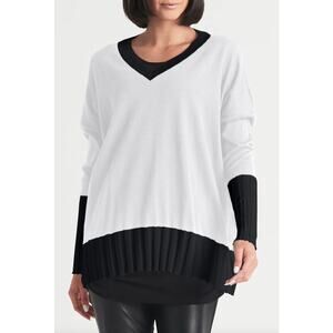 PLANET Lauren G Pima 2 Tone V-Neck Rib Sweater White/Black OS / One Size